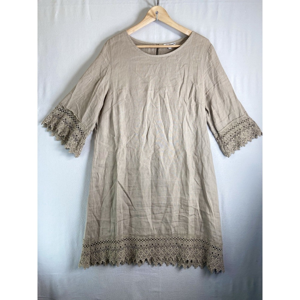Rosemarine Linen Dress Womens M Beige Lace Trim Made in Italy Boho Minimalist